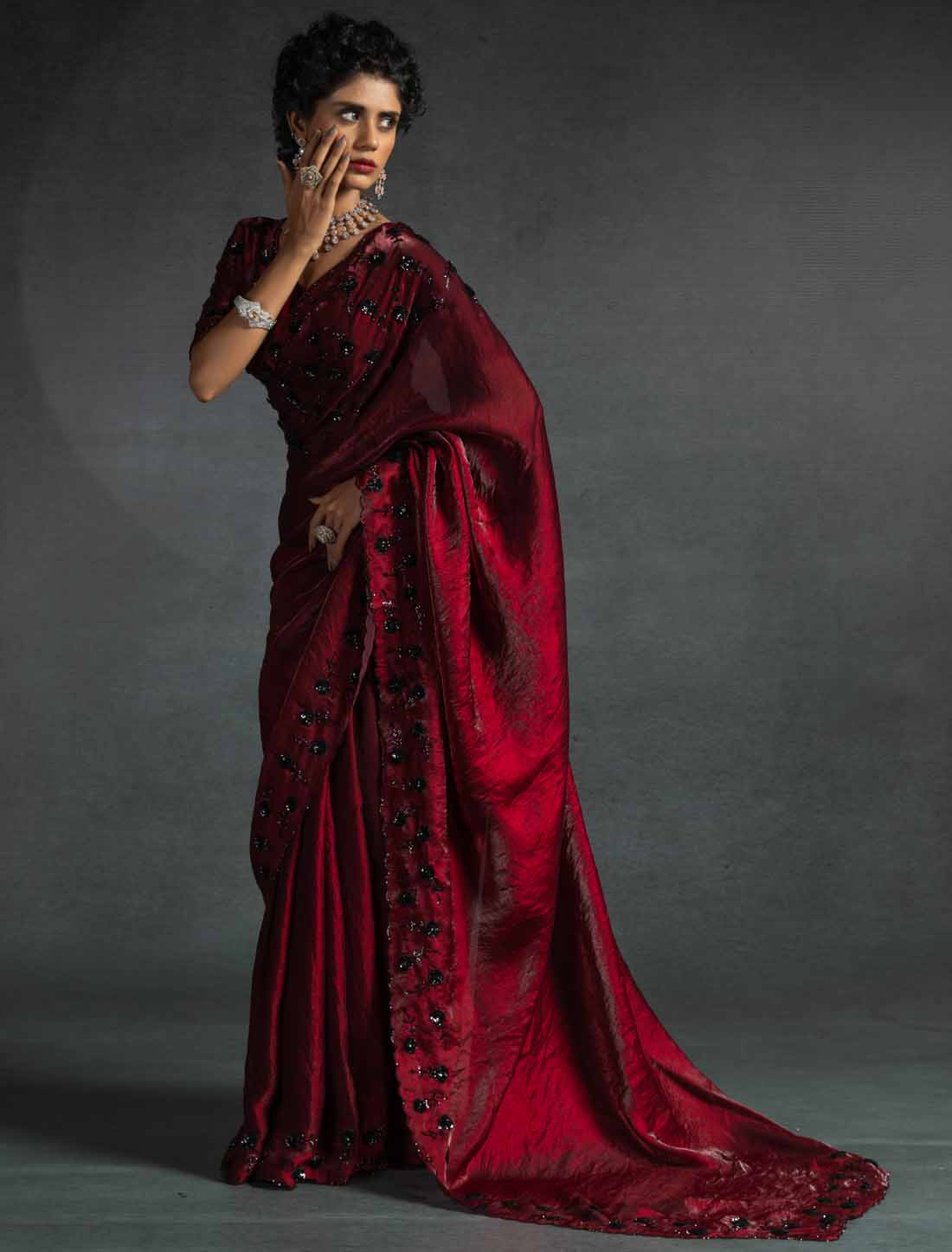 Maroon Ethnic Tow-Tone Satin Silk Hand Work Jarkan Un-Stitched Saree