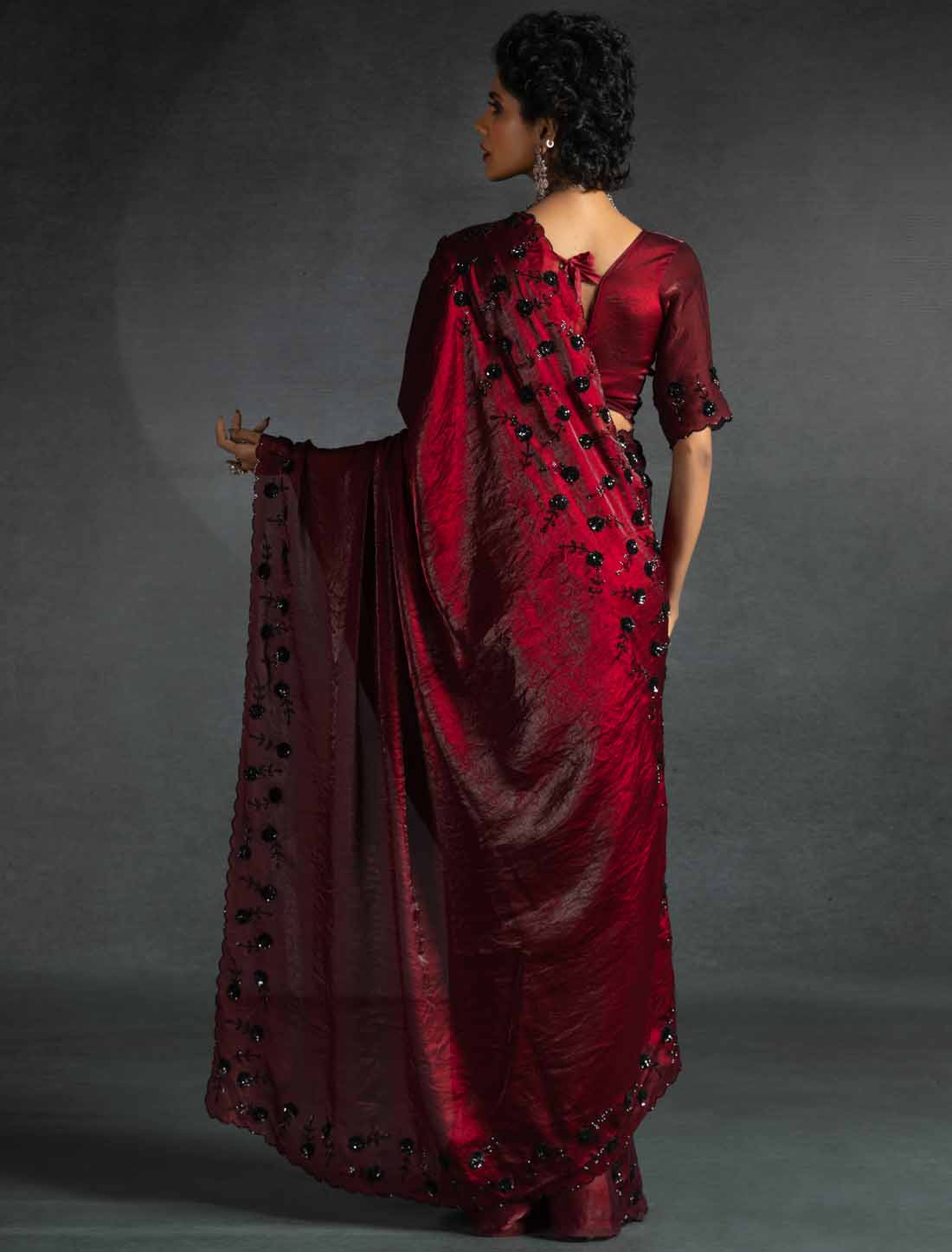 Maroon Ethnic Tow-Tone Satin Silk Hand Work Jarkan Un-Stitched Saree
