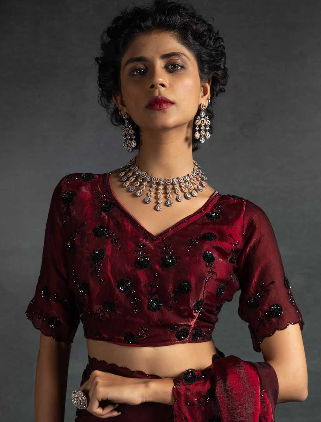 Maroon Ethnic Tow-Tone Satin Silk Hand Work Jarkan Un-Stitched Saree