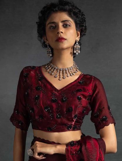 Maroon Ethnic Tow-Tone Satin Silk Hand Work Jarkan Un-Stitched Saree