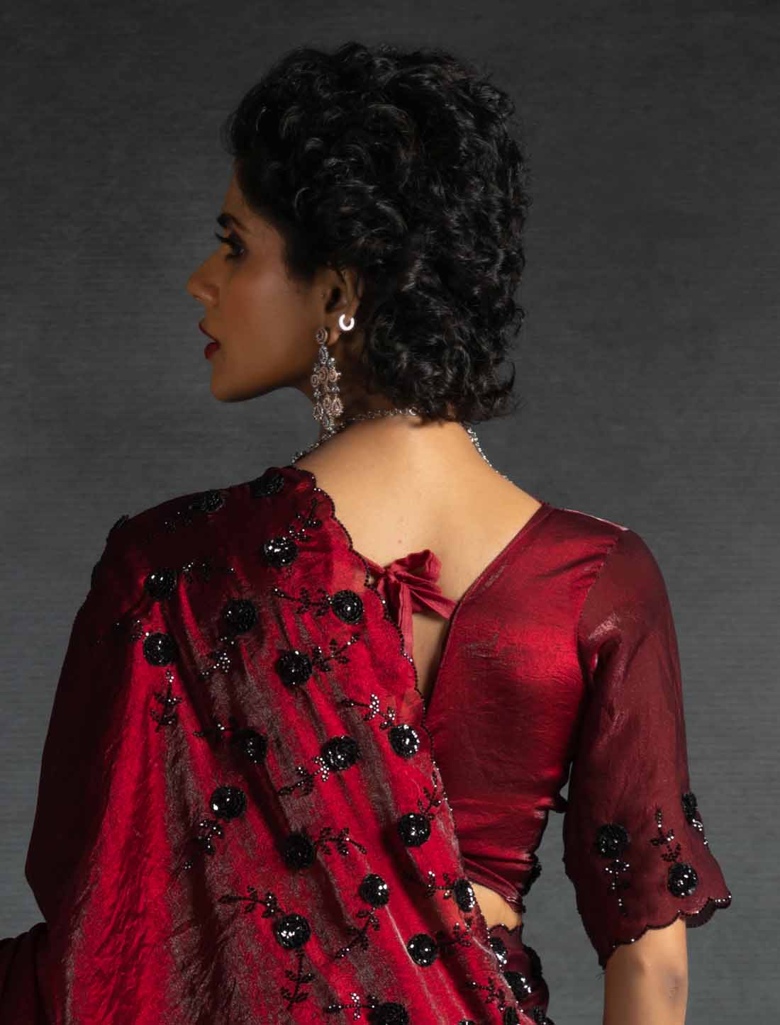 Maroon Ethnic Tow-Tone Satin Silk Hand Work Jarkan Un-Stitched Saree