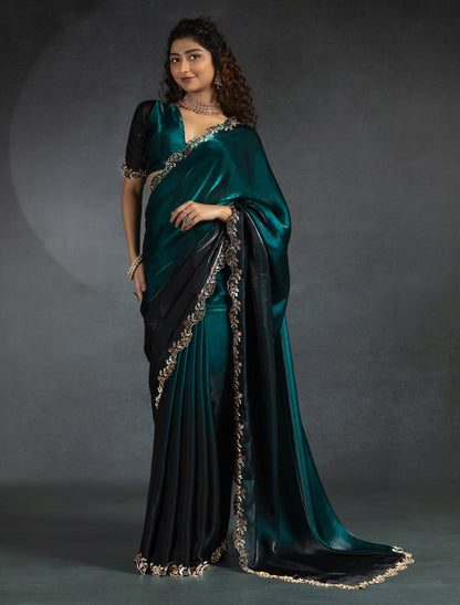 Peacock Green Two Tone Satin Silk Party Designer Saree