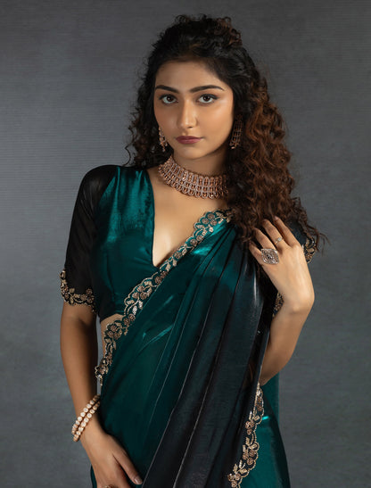 Peacock Green Two Tone Satin Silk Party Designer Saree