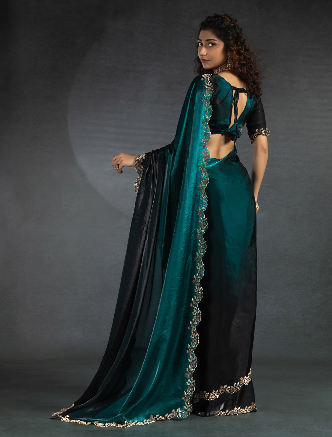 Peacock Green Two Tone Satin Silk Party Designer Saree