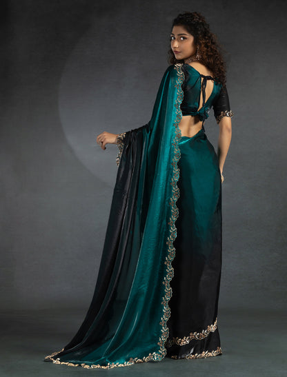 Peacock Green Two Tone Satin Silk Party Designer Saree