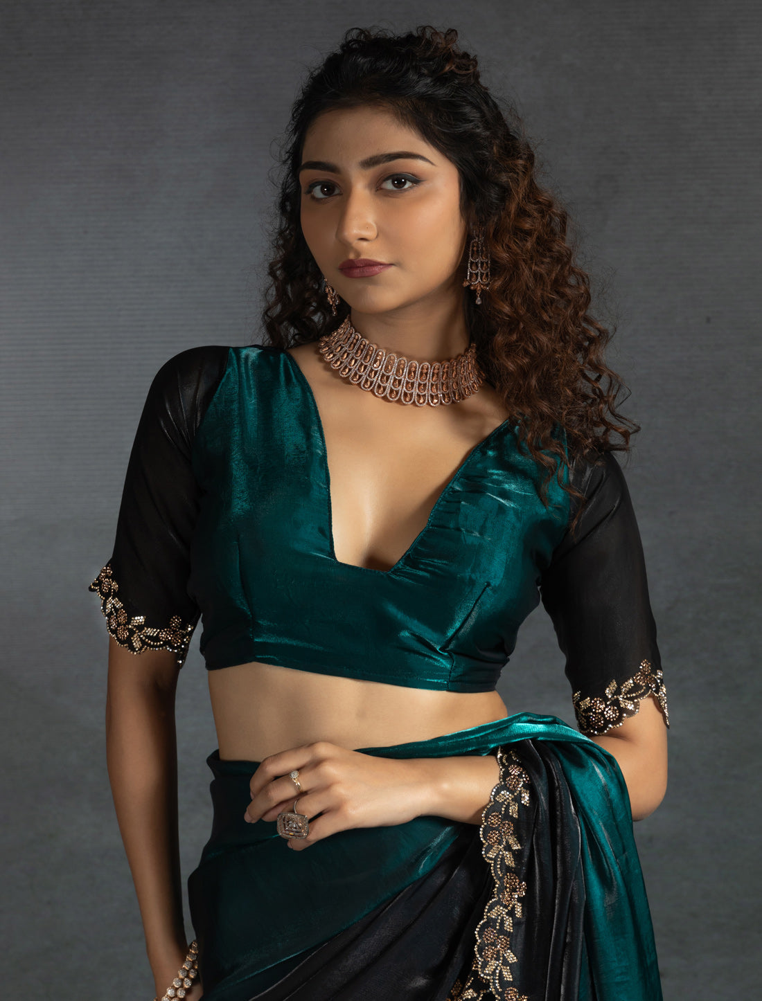 Peacock Green Two Tone Satin Silk Party Designer Saree