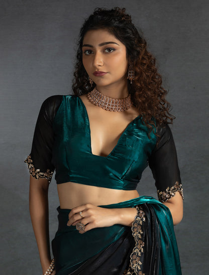Peacock Green Two Tone Satin Silk Party Designer Saree