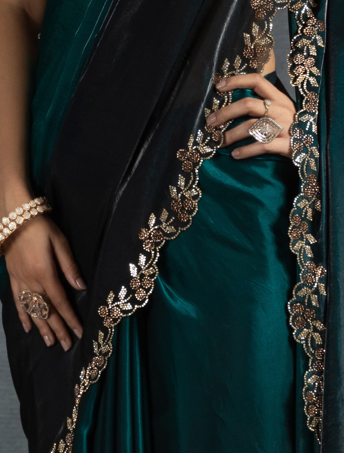 Peacock Green Two Tone Satin Silk Party Designer Saree