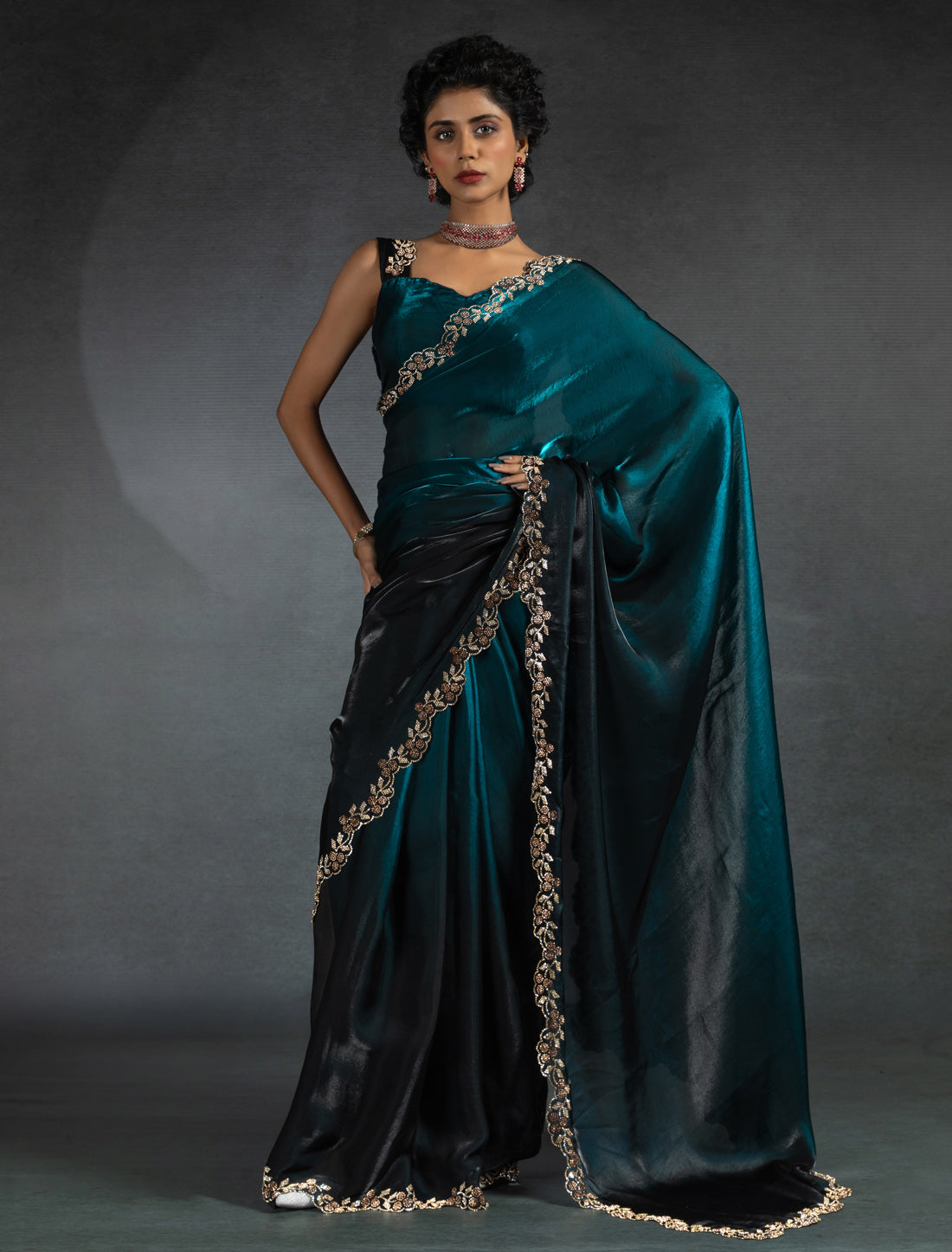 Ocean Green Two Tone Satin Silk Jerquen Work Party Wear Saree