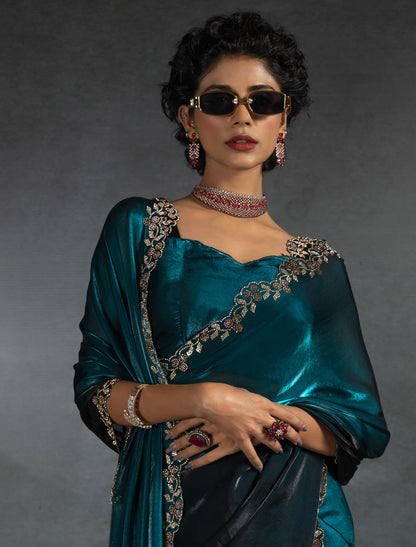Ocean Green Two Tone Satin Silk Jerquen Work Party Wear Saree
