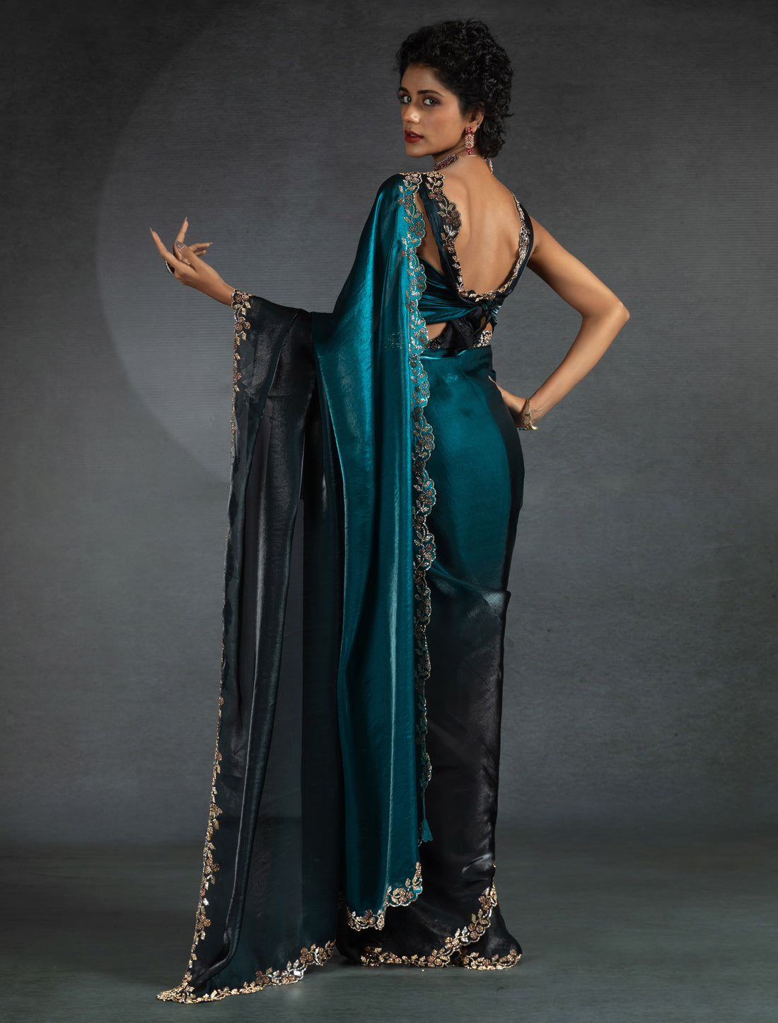 Ocean Green Two Tone Satin Silk Jerquen Work Party Wear Saree