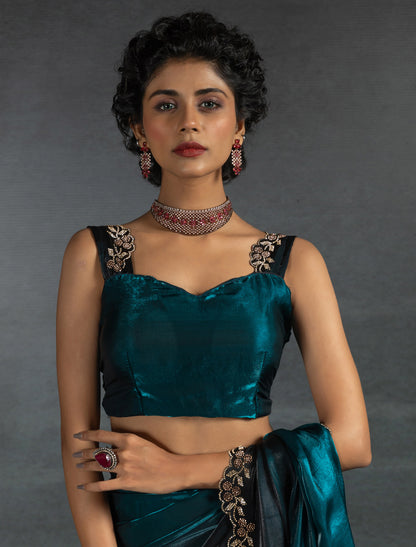 Ocean Green Two Tone Satin Silk Jerquen Work Party Wear Saree