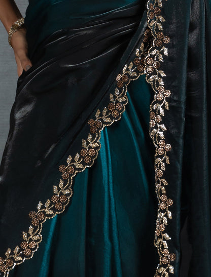 Ocean Green Two Tone Satin Silk Jerquen Work Party Wear Saree