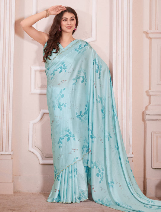 Luxurious Digital Print Satin Georgette Saree with Handcrafted Blouse - Traditional Attire