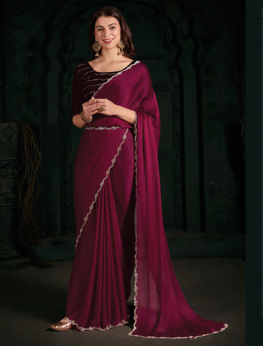 Luxurious Pure Satin Chiffon Blooming Fabric Saree: Perfect Party Wear Attire