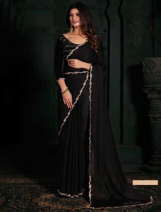 Befashionate's Party Wear Saree: Pure Satin Chiffon Blooming Fabric & Velvet Blouse Saree for Women