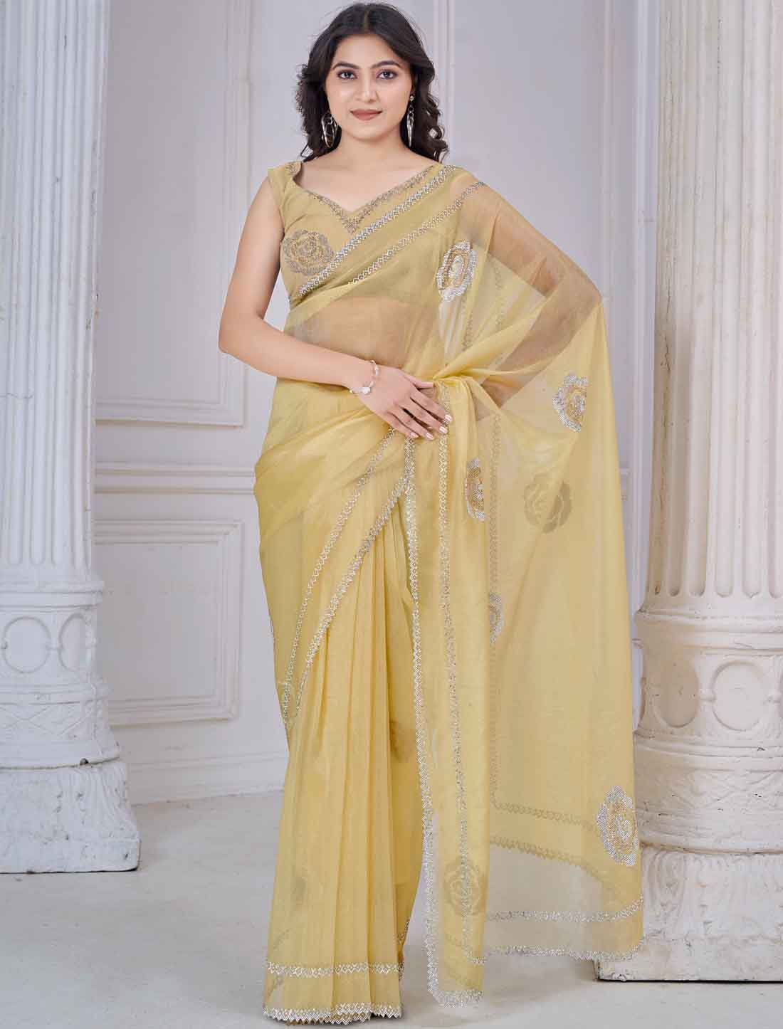 Light Yellow Ethnic Supreme Organza Party Wear Saree