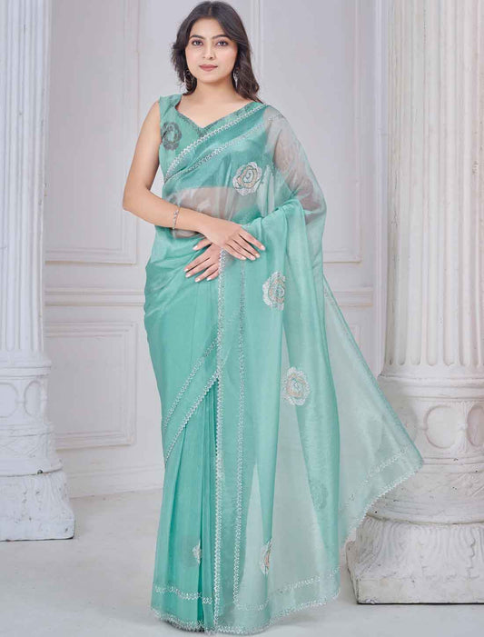 Teal Blue Ethnic Party Wear Organza Traditional Work Saree
