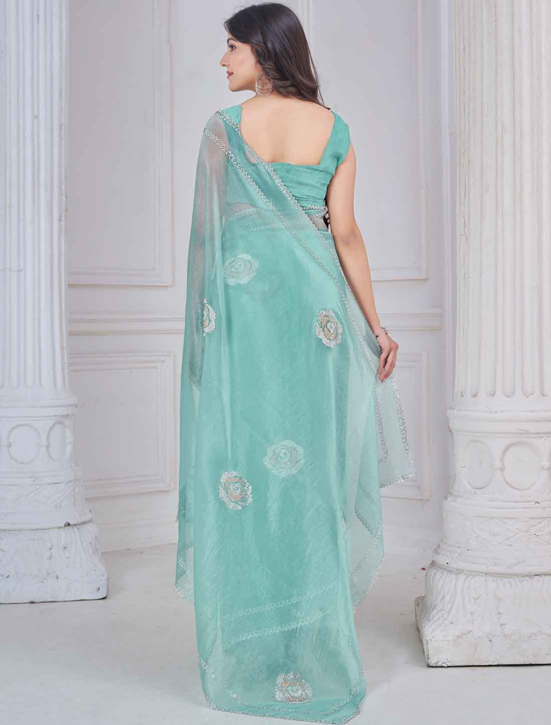 Teal Blue Ethnic Party Wear Organza Traditional Work Saree