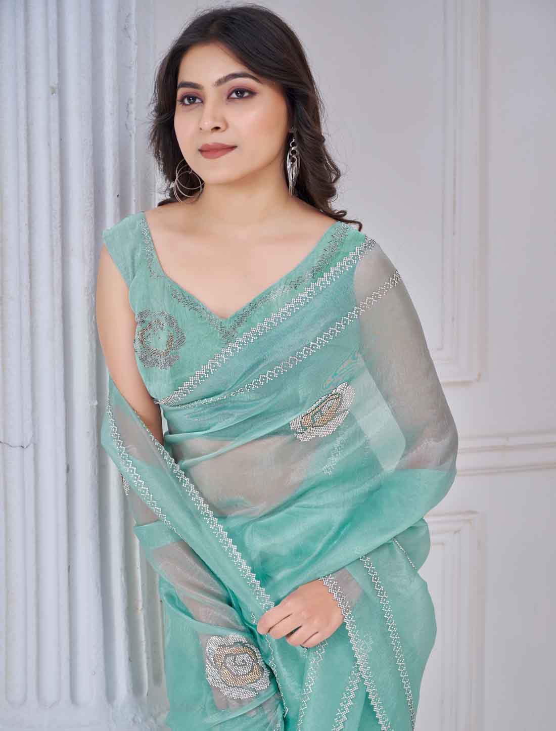 Teal Blue Ethnic Party Wear Organza Traditional Work Saree