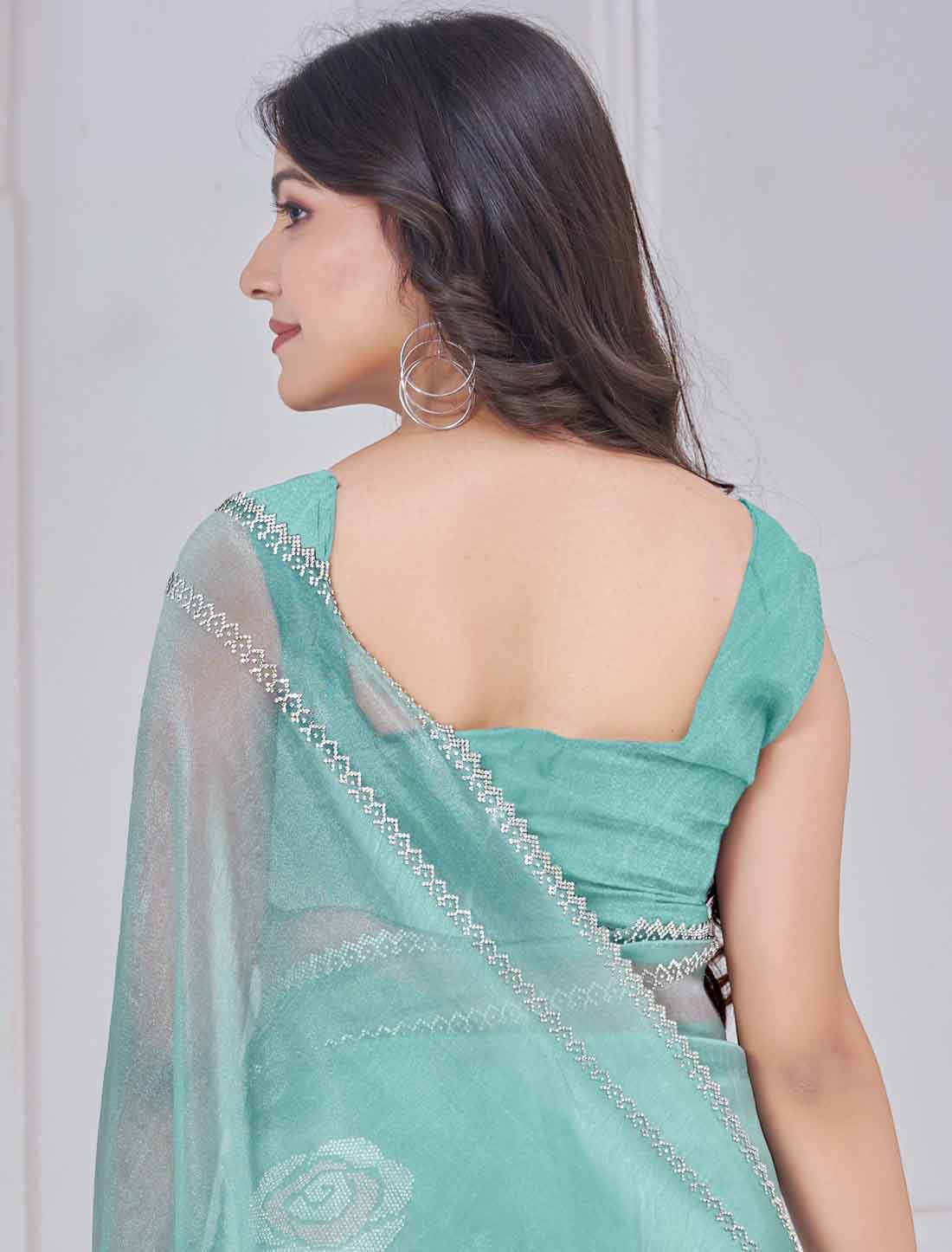 Teal Blue Ethnic Party Wear Organza Traditional Work Saree