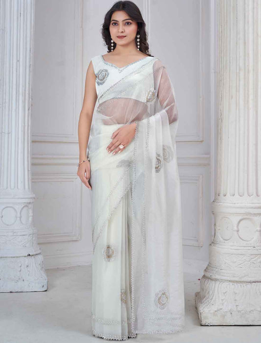 White Supreme Organza Party Wear Two Tone Work Ethnic Saree