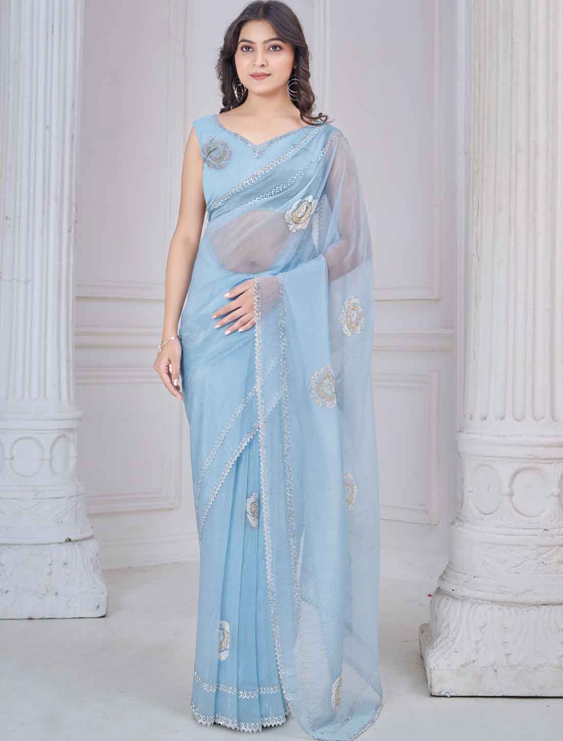 Light Blue Ethnic Organza Party Wear Traditional Work Saree