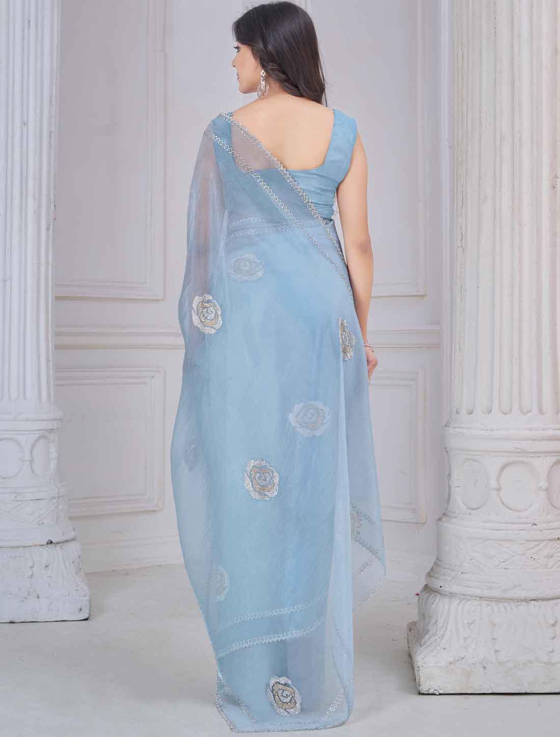 Light Blue Ethnic Organza Party Wear Traditional Work Saree