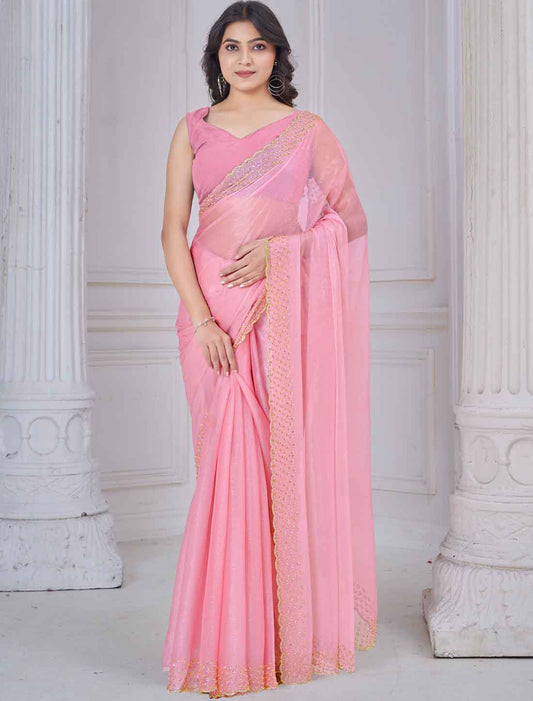 Peach Ethnic Soft Silk Hand Work With Jerquen Party Wear Saree