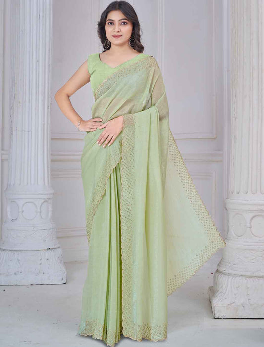 Pista Green Ethnic Soft Silk Hand Work Party Wear Saree