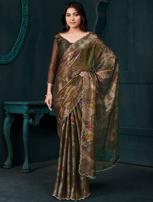 Dusty Green Ethnic Two Tone Silk Party Wear Saree