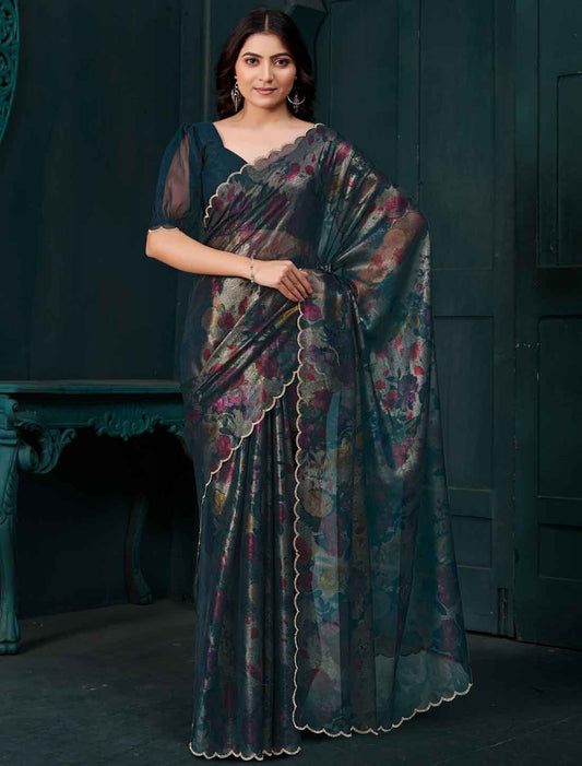 Ethnic Peacock Blue Two Tone Silk Party Wear Saree