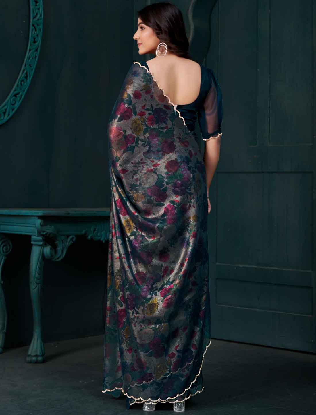 Ethnic Peacock Blue Two Tone Silk Party Wear Saree