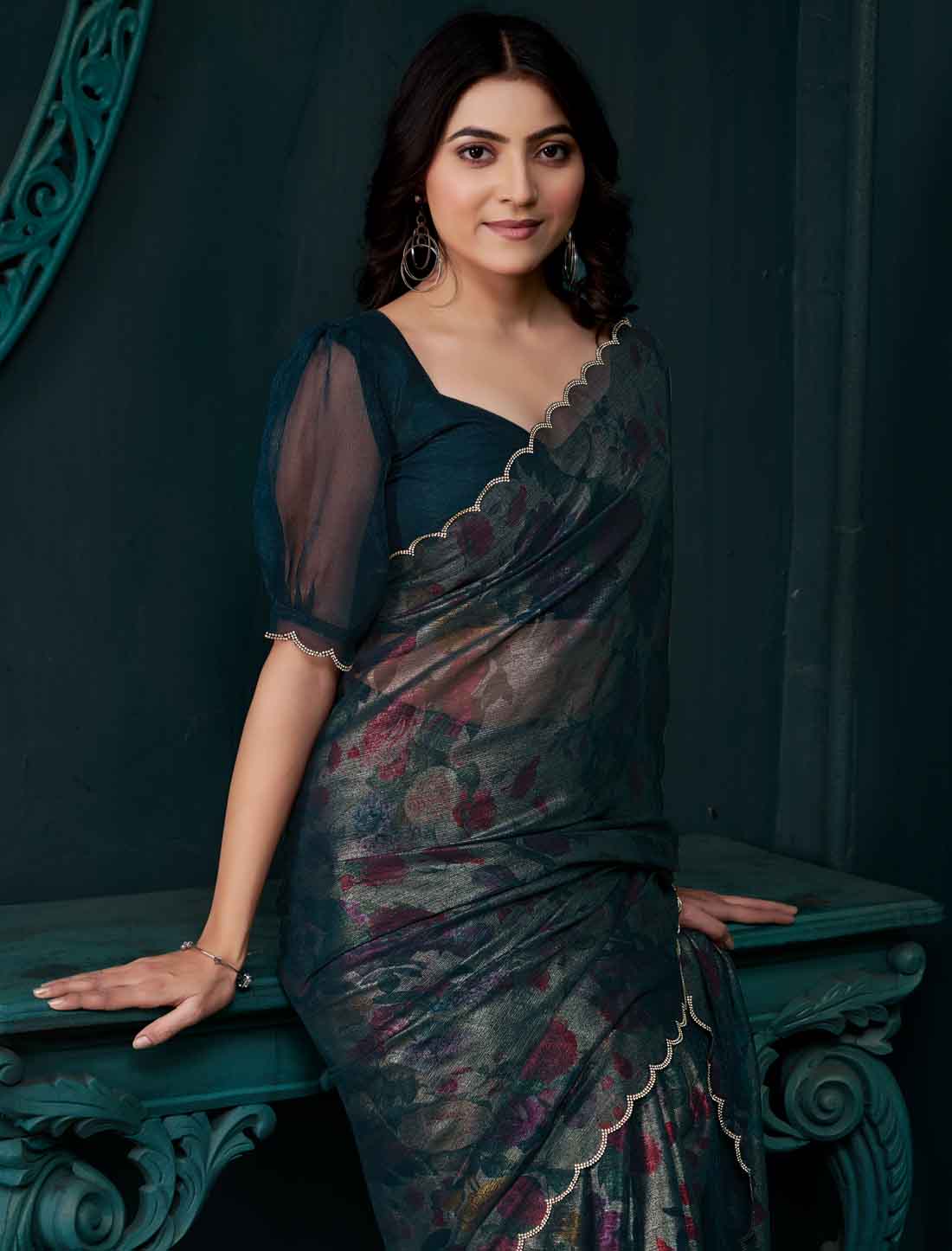 Ethnic Peacock Blue Two Tone Silk Party Wear Saree