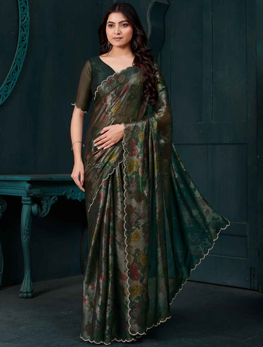 Olive Green Ethnic Two Tone Silk Party Wear Saree