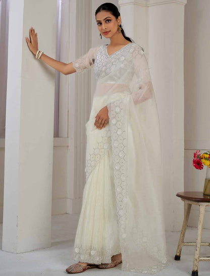 White Designer Supreme Soft Organza Hand Work Heavy Jarkan Saree