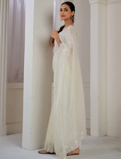 White Designer Supreme Soft Organza Hand Work Heavy Jarkan Saree