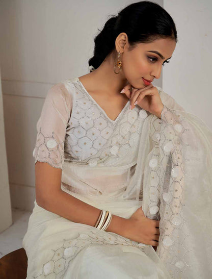 White Designer Supreme Soft Organza Hand Work Heavy Jarkan Saree