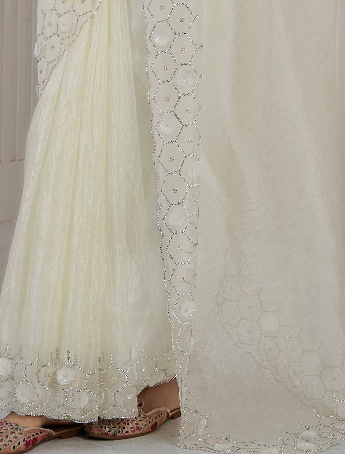 White Designer Supreme Soft Organza Hand Work Heavy Jarkan Saree