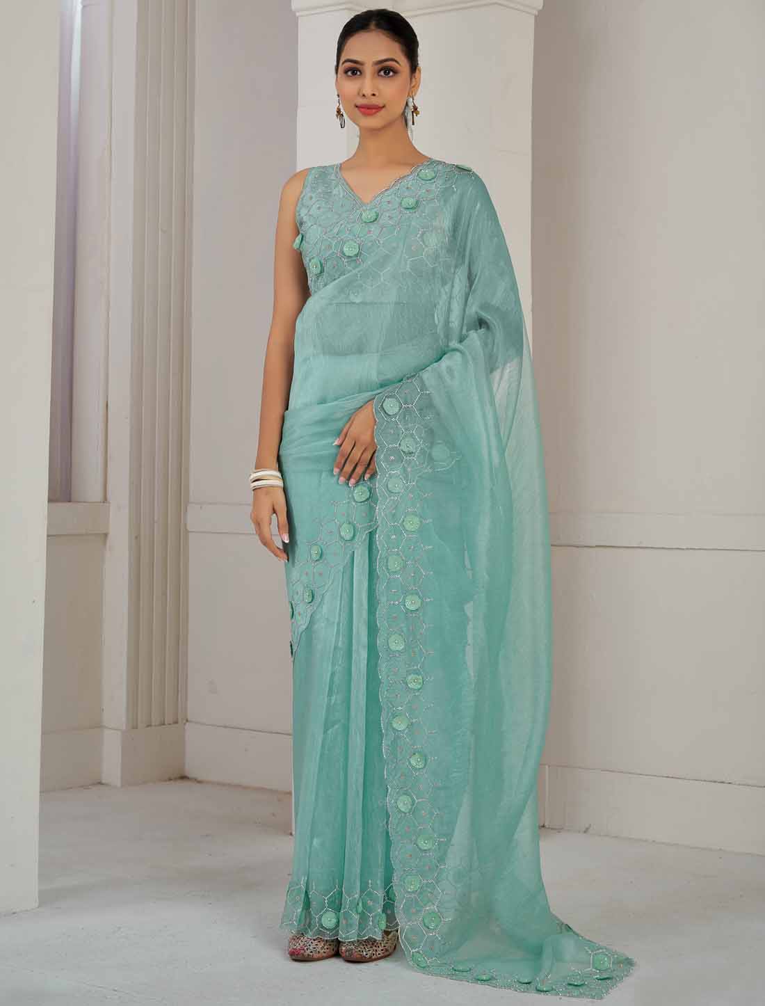 Designer Blue Supreme Soft Organza Hand Work Heavy Jarkan Saree