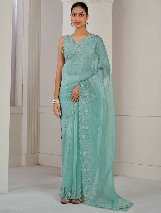 Designer Blue Supreme Soft Organza Hand Work Heavy Jarkan Saree