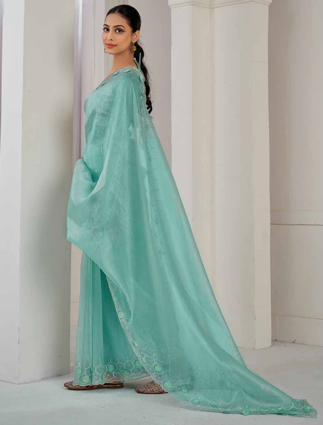 Designer Blue Supreme Soft Organza Hand Work Heavy Jarkan Saree