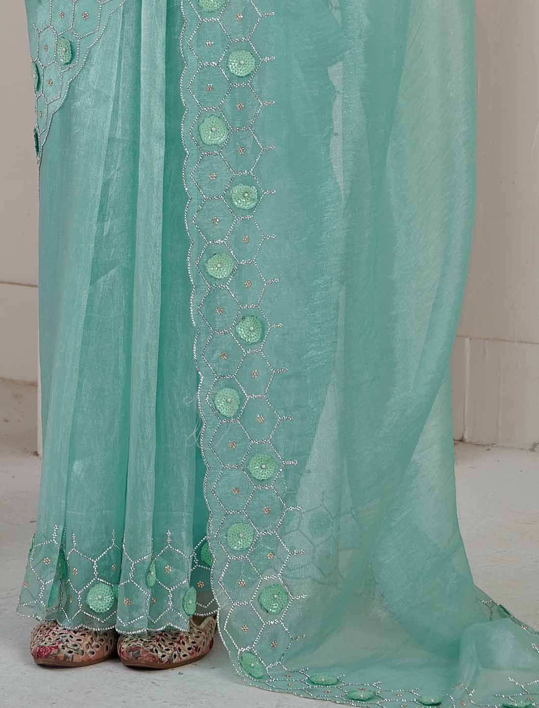Designer Blue Supreme Soft Organza Hand Work Heavy Jarkan Saree