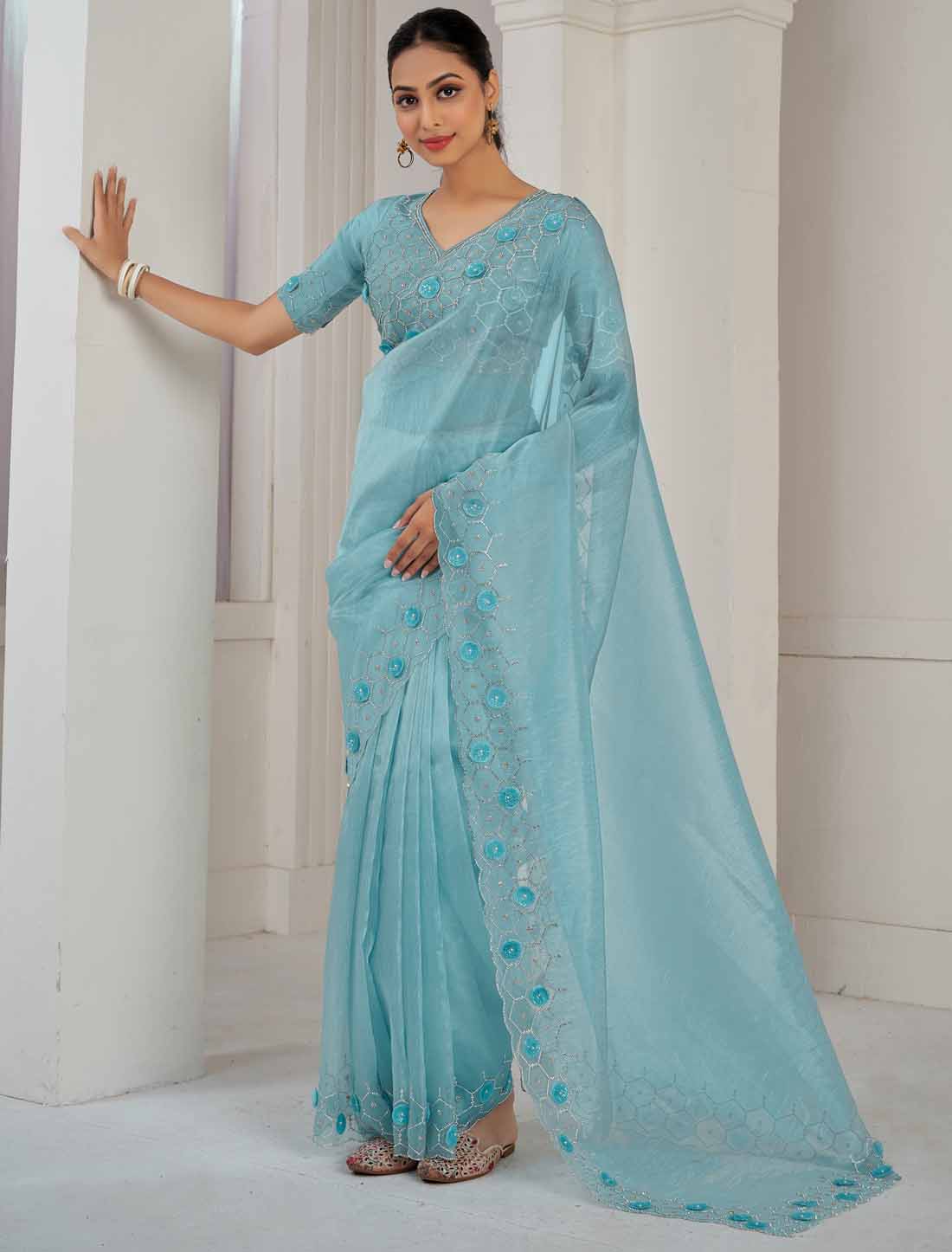 Sky Blue Designer Supreme Soft Organza Hand Work Heavy Jarkan Saree