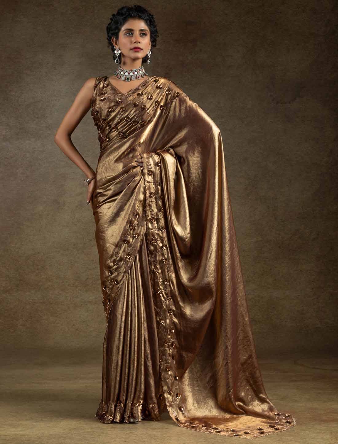 Two Tone Satin Silk Handwork Sequin Work Ethnic Un-Stitched Designer Saree