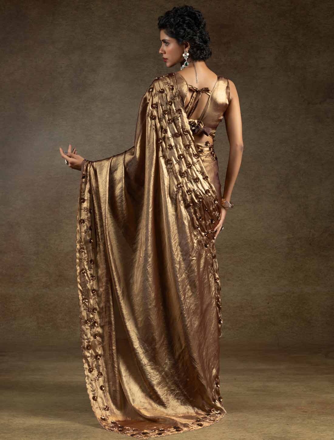 Two Tone Satin Silk Handwork Sequin Work Ethnic Un-Stitched Designer Saree
