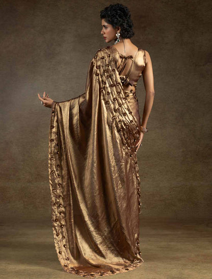 Two Tone Satin Silk Handwork Sequin Work Ethnic Un-Stitched Designer Saree