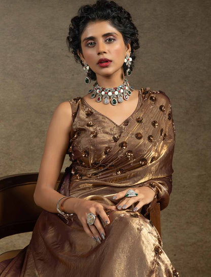 Two Tone Satin Silk Handwork Sequin Work Ethnic Un-Stitched Designer Saree