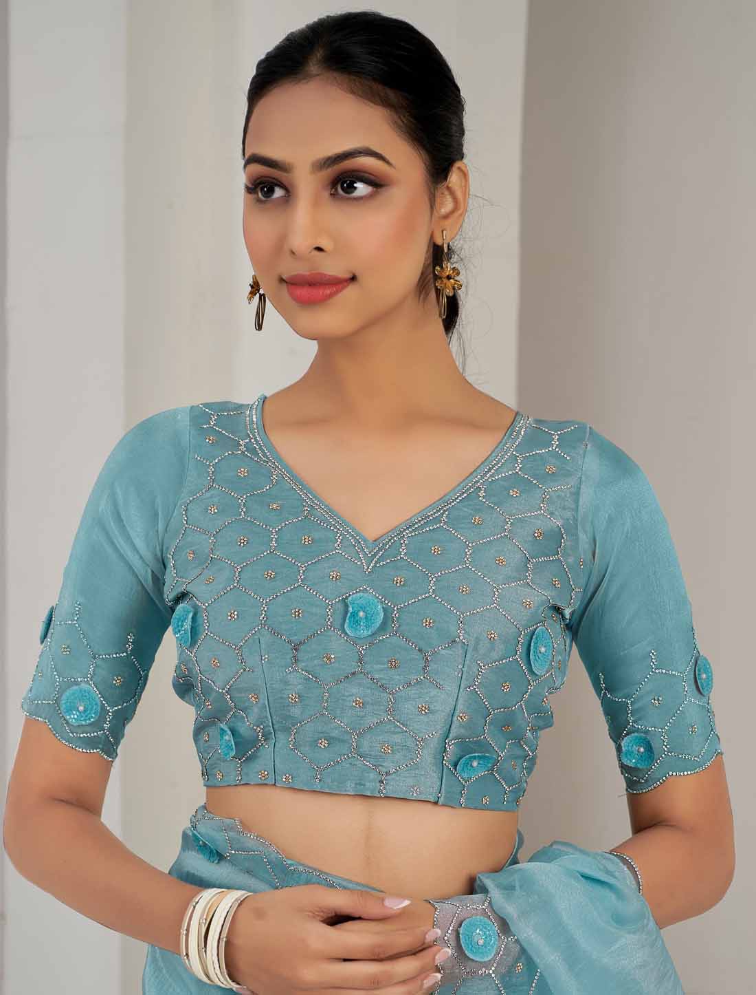 Sky Blue Designer Supreme Soft Organza Hand Work Heavy Jarkan Saree