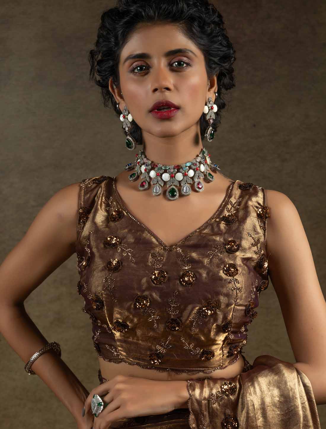 Two Tone Satin Silk Handwork Sequin Work Ethnic Un-Stitched Designer Saree